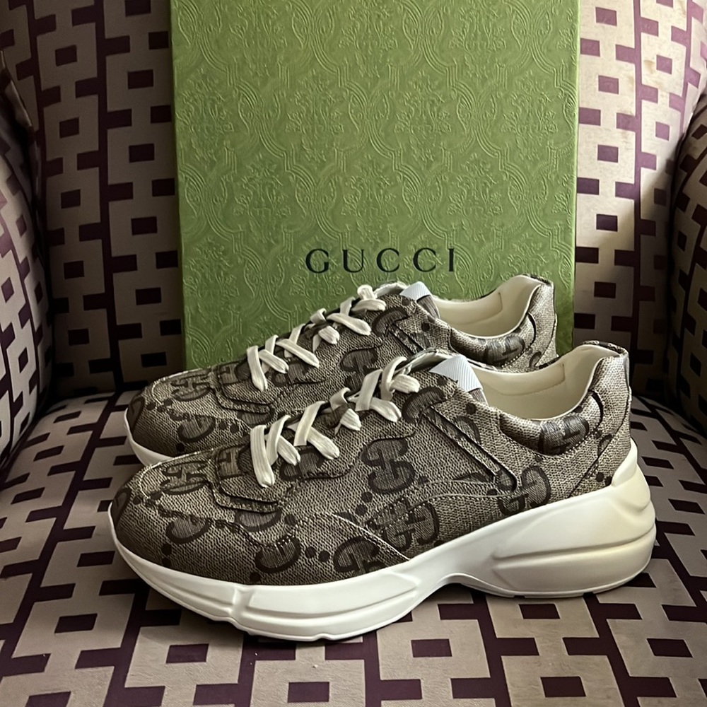 Gucci 100 GG supreme Jumbo monogram leather canvas rhyton sneakers NEW - Picture 4 of 9